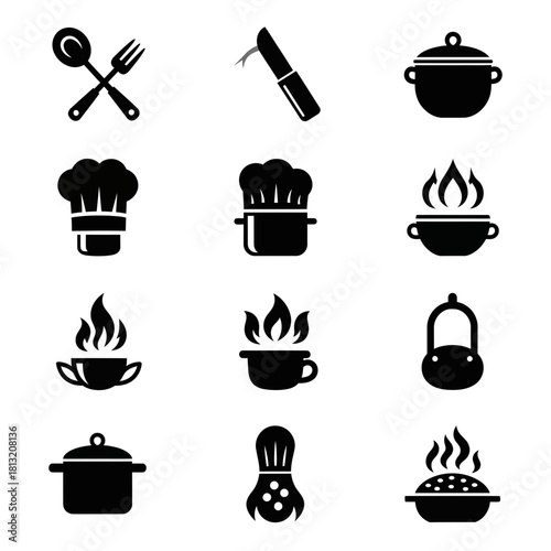 Culinary icons set showcasing cooking essentials like pots, chef hats, knives, and utensils for delightful food preparation and recipe inspiration.