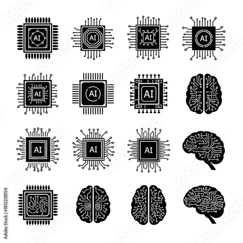Innovative AI chip designs and futuristic brain circuit graphics symbolizing advanced artificial intelligence and cognitive technology concepts
