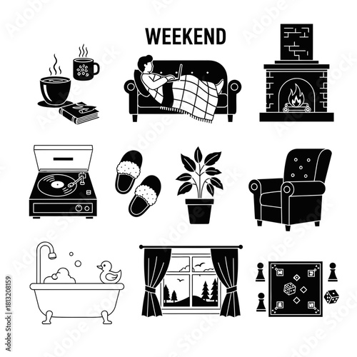 Cozy home icons capture relaxing weekend vibes, offering comfort and leisure activities for a perfect escape.