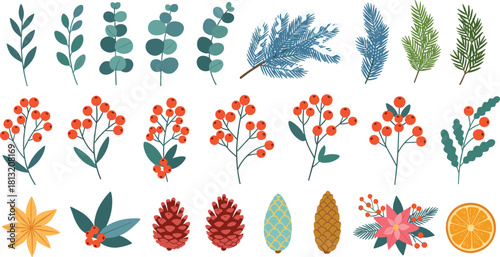 Festive Winter Botanical Elements Pinecones, Berries, Eucalyptus, and Citrus Slices for Holiday Design