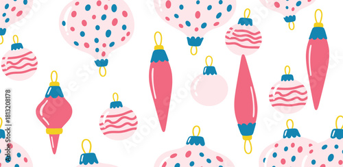 A festive and whimsical seamless pattern featuring hand-drawn pink Christmas tree ornaments. Cute holiday baubles with various shapes and patterns on a clean white background