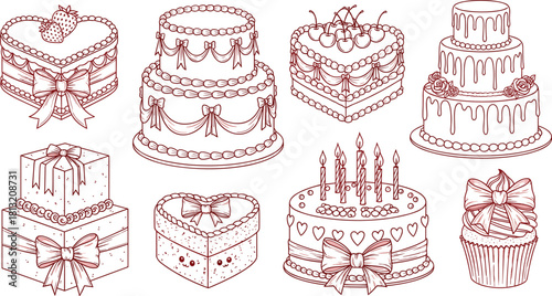 A charming collection of hand-drawn celebration cakes, featuring multi-tiered, heart-shaped, and birthday designs with decorative bows and candles, in a vintage line art style