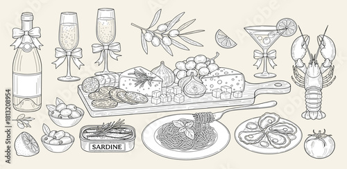 A delightful spread of gourmet foods and drinks including champagne, oysters, seafood, cheese, and olives, perfect for any celebration or gathering