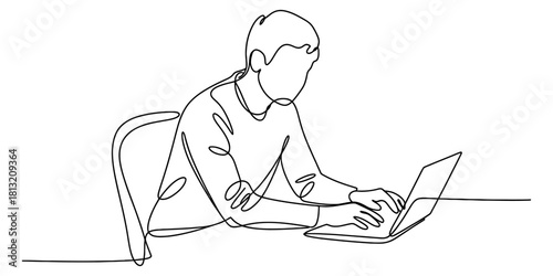 Minimalist continuous line drawing of an individual focused on a laptop, illustrating remote work, digital education, and productivity.