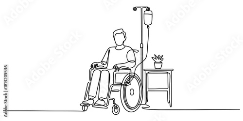 Continuous one line drawing of a male patient in wheelchair with iv drip, medical stand, and bedside table with plant in hospital setting