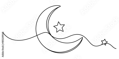 Continuous line drawing of a crescent moon and stars, minimalist celestial design in a single flowing black line, simple isolated vector art on a clean background