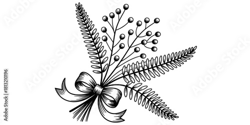 Hand drawn botanical illustration of a charming floral arrangement featuring delicate fern leaves and berry sprigs, tied with a ribbon bow.