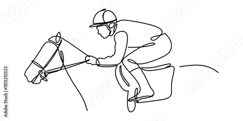 Continuous line drawing of a jockey on a racing horse, showcasing speed, movement, and the elegance of equestrian sport illustration artwork