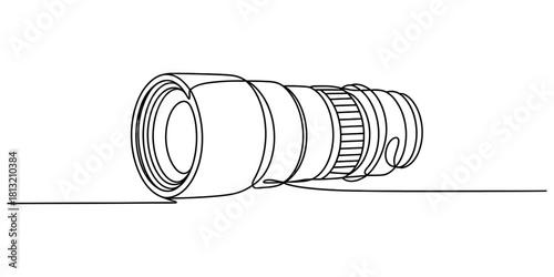 Continuous line drawing of a modern camera telephoto lens, capturing the essence of photography art and optical precision, isolated.