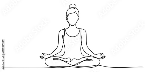 Continuous line drawing of woman meditating in lotus pose, embodying mindfulness, spiritual practice, relaxation, peace and well-being.