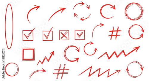 Collection of Red Hand Drawn Arrows Checkmarks Circles and Hashtags on White Background