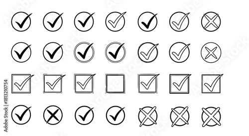 Selection of Checkmarks and Crosses in Circles and Squares Approved and Rejected Options