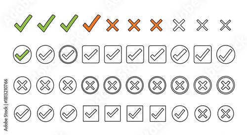 Collection of Checkmarks and Crosses Icons for Verification and Decision Making