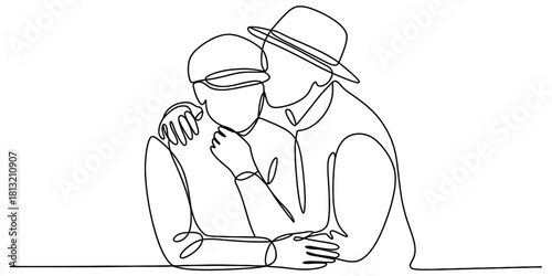 Continuous one line drawing of two minimalist figures embracing, showing connection, love, support, friendship, and human bond art concept.