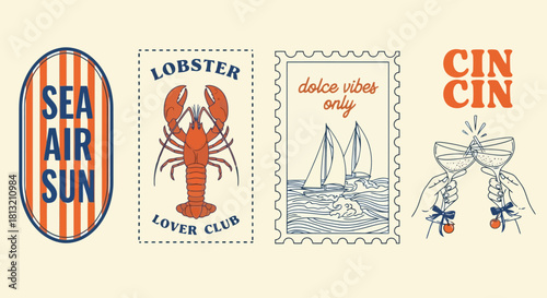 Nautical and Coastal Themed Stamp Designs Lobster Sailing and Cheers