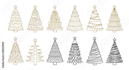 Festive Holiday Tree Collection Elegant Line Art Illustrations for Seasonal Design