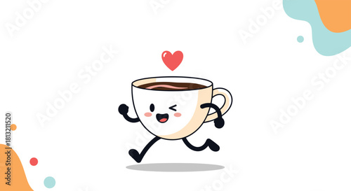 An adorable running coffee cup character winking with a red heart floating above on a white background with abstract shapes.