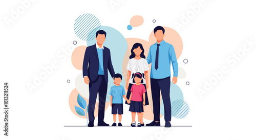A modern flat vector illustration of a happy gay family with two fathers and their three young children standing together.