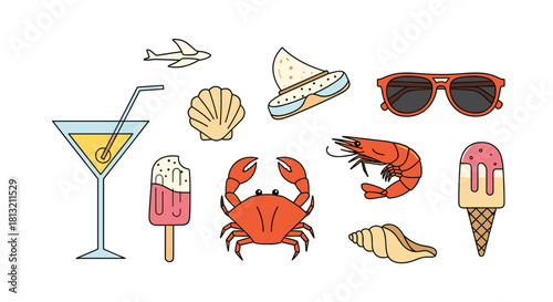 A colorful collection of summer vacation and beach-themed doodle icons isolated on a clean white background for travel design.