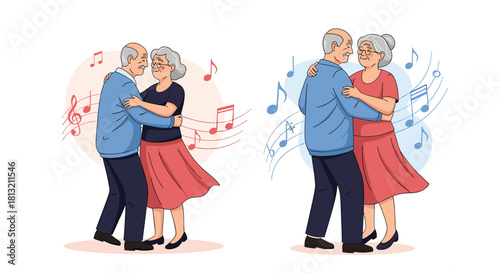 Two lovely illustrations of a happy elderly couple dancing together surrounded by musical notes celebrating their long life.