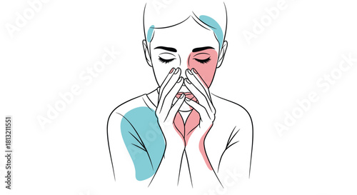 A minimal line art illustration of a person showing signs of sadness anxiety or stress with abstract color highlights.