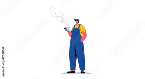 A modern flat design illustration of a worker in overalls and a cap taking a break while enjoying a hot steaming coffee.