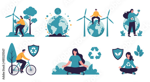 A set of eco-friendly illustrations showing people protecting the environment through recycling cycling and using wind energy.