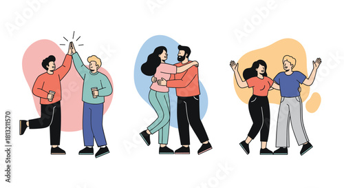 A collection of illustrations showing happy friends and couples hugging giving a high-five and enjoying time together.