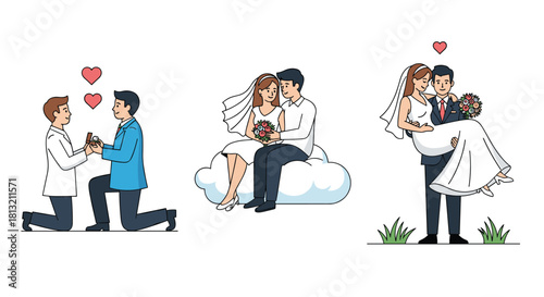 A romantic set of wedding illustrations with a gay proposal and heterosexual couples celebrating their love and marriage.
