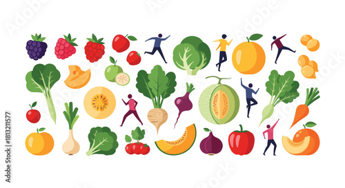 A vibrant collection of fresh fruits and vegetables mixed with small silhouettes of active people promoting a healthy lifestyle.