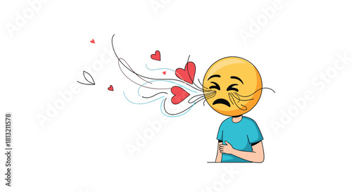 A surreal and conceptual illustration of a person with an emoji head expressing overwhelming feelings of love and happiness.