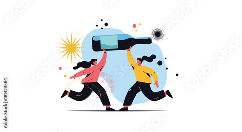 A modern and abstract illustration of two women running together while happily carrying a giant bottle of wine for a party.