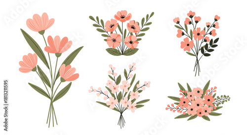 A beautiful collection of six elegant floral bouquets with pink flowers and green leaves isolated on a white background.