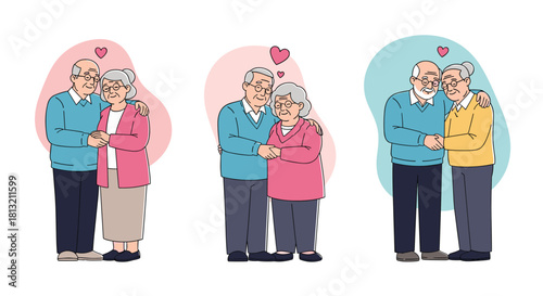 A charming set of three hand-drawn illustrations featuring a happy and loving elderly couple embracing on their anniversary.