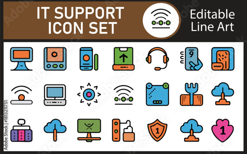 "IT Support Icon Set – Technical Support, Helpdesk, Computer Repair, Network Assistance Icons"
