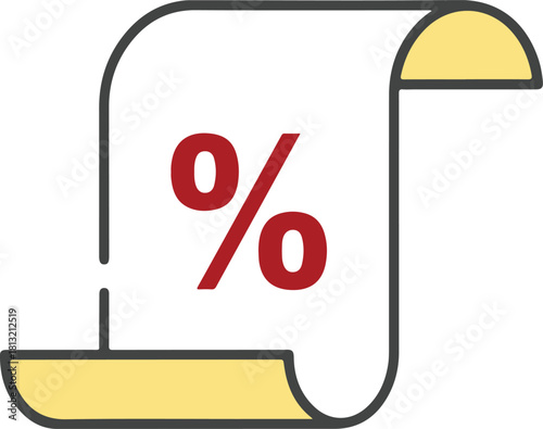 Document scroll icon with red percentage sign representing discount pricing special offers or interest rates for finance and business