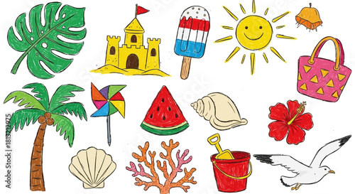 summer beach illustrations hand-drawn collection of vacation elements sandcastle palm tree sun seashell ideal for kids design.