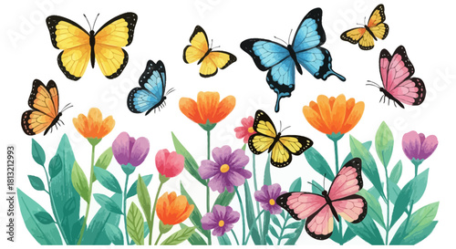 vibrant watercolor butterflies and colorful spring flowers blooming in a garden illustration ideal for natural themed designs.