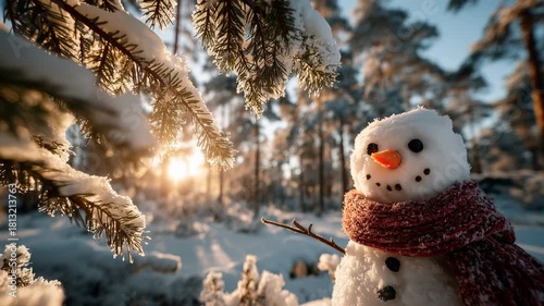 Warm Snowman in Snowy Forest with Red Scarf as Golden Sunset Light Filters Through Pines