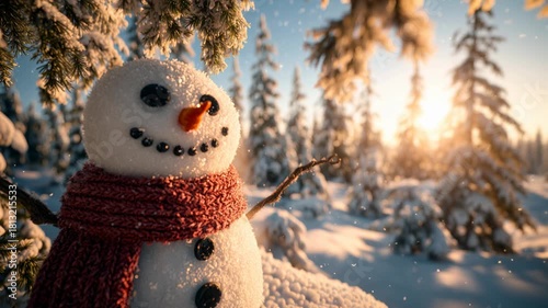 Smiling Snowman with Red Scarf in Golden Sunset Snow-Covered Winter Forest with Falling Snowflakes