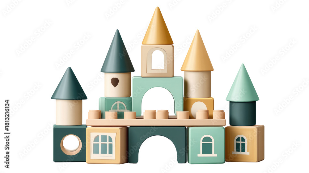 Obraz premium Colorful wooden building blocks arranged in a playful castle structure for imaginative play and creativity