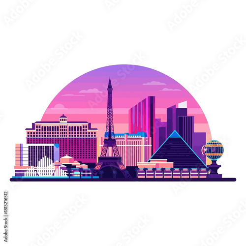 Vibrant Las Vegas skyline at sunset with iconic hotels and landmarks for travel promotions, tourism marketing, and stylish branding