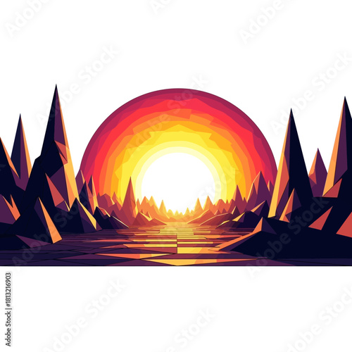 Vibrant geometric landscape with stunning sunset glow over mountains, perfect for modern designs and inspiring digital art projects, radiating energy and hope