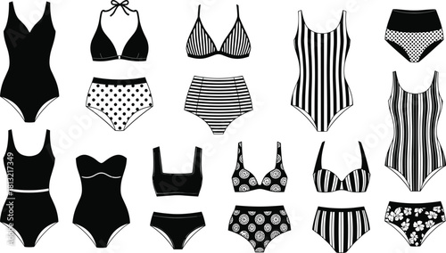 Collection of Vector Swimsuit and Bikini Silhouettes with Stripes and Polka Dots for Summer Vacation.
