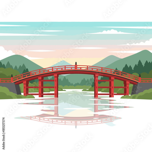 Stunning red bridge reflecting peacefully in river with beautiful mountain views, perfect for travel blogs, landscape designs, tourism ads, and Asian culture