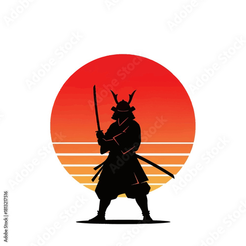 Powerful samurai warrior silhouette with katana sword against vibrant sunset, evoking strength, tradition, and historical Japanese culture for impactful designs.