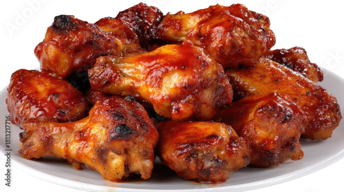 Delicious and Sticky Chicken Wings with Barbecue Sauce on a White Plate Ready for Enjoyment