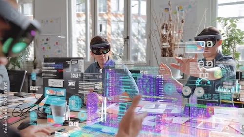 Immersive Collaboration - Team Innovating with Augmented Reality in Modern Office.