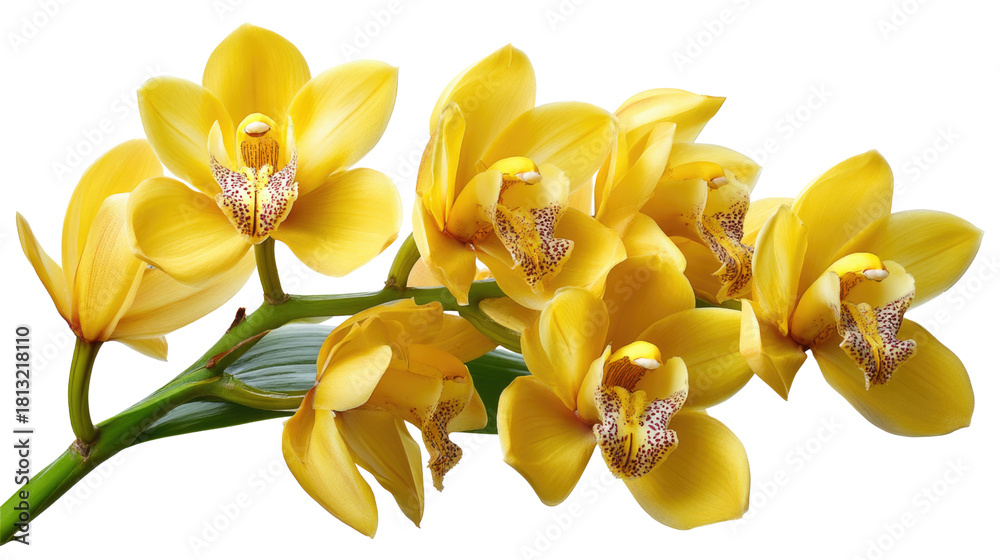 Fototapeta premium Stunning Yellow Orchid Blooms on Natural Green Stem Isolated on White Background for Floral Design and Decoration