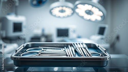forceps. Modern surgical instruments tray in a clean medical environment with professional lighting. product launch decks, UI/UX mockups, designed for product launches and innovation pitches.